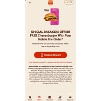  [Royal Perks Members] Free Cheeseburger with Mobile Pre-Order App/Online